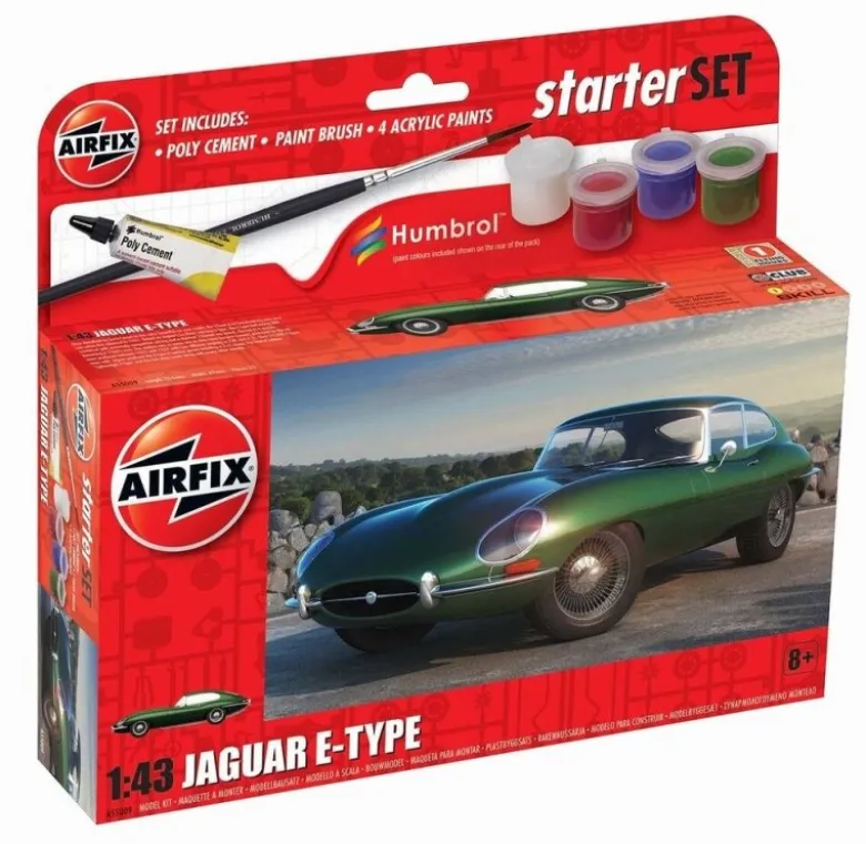 Airfix A55009Small Starter Set Jaguar E-Type Plastikbausatz in 1:43 inkl. Kleber, Pinsel und Hauptfarben