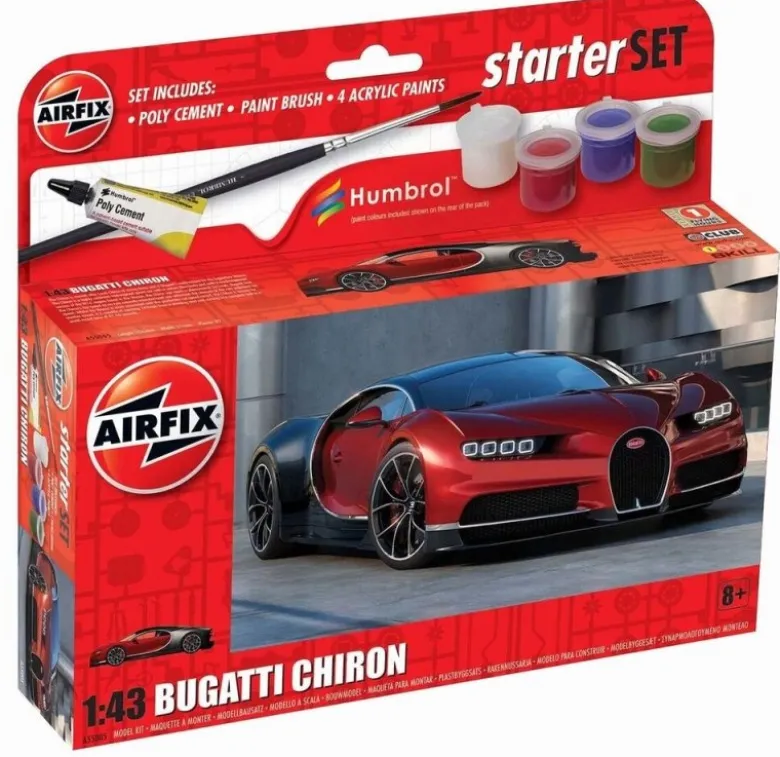 Airfix A55005Small Starter Set NEW Bugatti Chiron Plastikbausatz in 1:43 inkl. Kleber, Pinsel und Hauptfarben