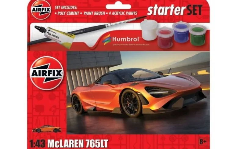 Airfix A55006Starter Set - McLaren 765LT Plastikbausatz in 1:43 inkl. Kleber, Pinsel und Hauptfarben