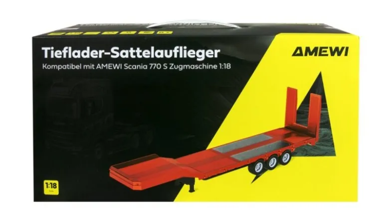 AMEWI 22742Tieflader-Sattelauflieger Dreiachser für Scania 1:18 rot Zubehör für AM22717