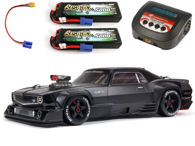 ARRMA ARA7617V2T1SET2FELONY 6S BLX Street Bash 1/7 RTR Muscle schwarz 6S Spar-Set inkl. 2x3S 5000mAh LiPo Akku, 6A Ladegerät & Ladekabel