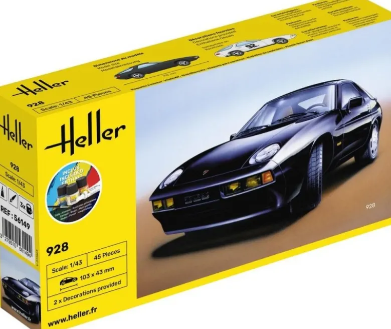 Heller 56149STARTER KIT Porsche 928 Plastikbausatz in 1:43 inkl. Kleber, Pinsel und Hauptfarben