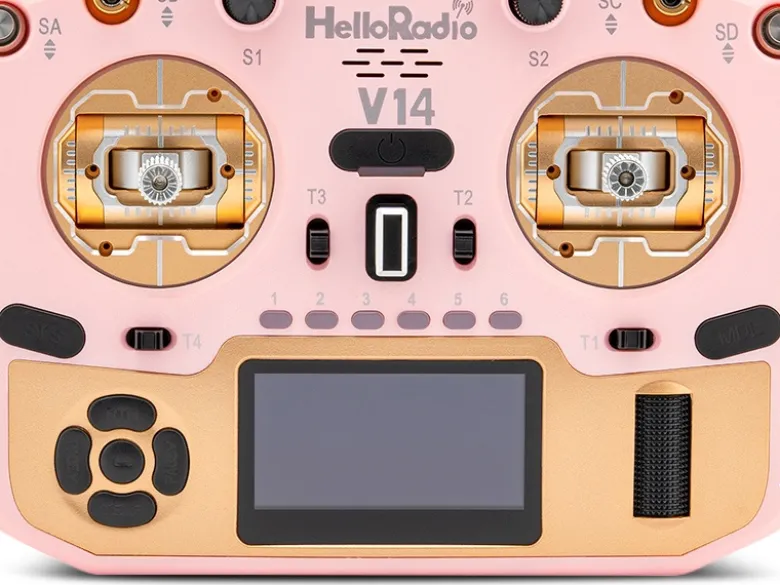 HelloRadio HR1039V14 MAX R9 OLED 2,4GHz ELRS LBT M2 Fernsteuerung rosa, gold