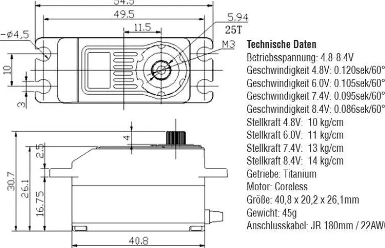 H-Speed HSP0044HSX102 Digital-Servo Low Profile 14kg/8.4V Titangetriebe 0,095sek/60 grad bei 7,4V