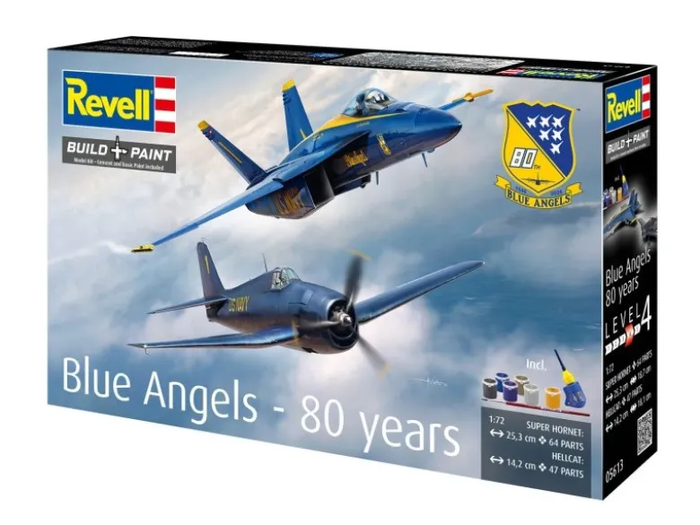 Revell 05613Geschenkset 'Blue Angels - 80 Jahre', Modellbausatz 1:72 inkl. Farben, Pinsel, Kleber