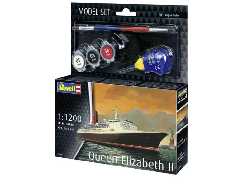 Revell 65806Model Set Queen Elizabeth 2, Modellbausatz 1:1200 inkl. Farben, Pinsel und Kleber