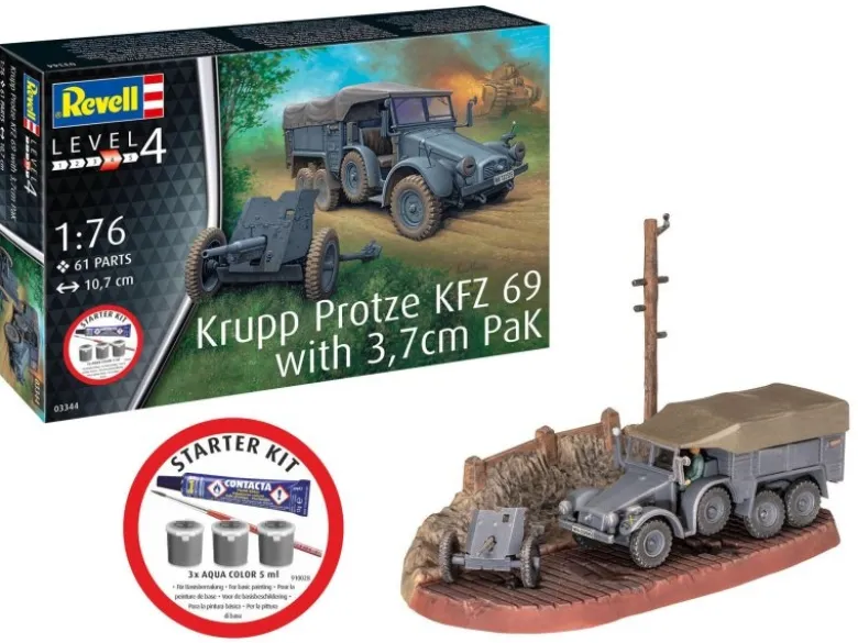 Revell 73344Starter-Kit Krupp Protze KFZ 69 mit 3,7 cm Pak, Bausatz 1:76 inkl. Farben, Pinsel und Kleber
