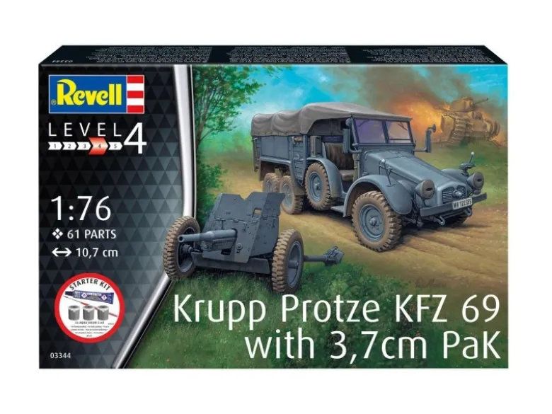 Revell 73344Starter-Kit Krupp Protze KFZ 69 mit 3,7 cm Pak, Bausatz 1:76 inkl. Farben, Pinsel und Kleber