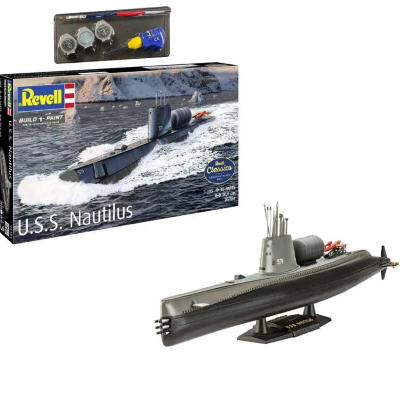 Revell 65184U.S.S. Nautilus, Modellbausatz mit Basiszubehör 1:305 inkl. Farben, Pinsel und Kleber