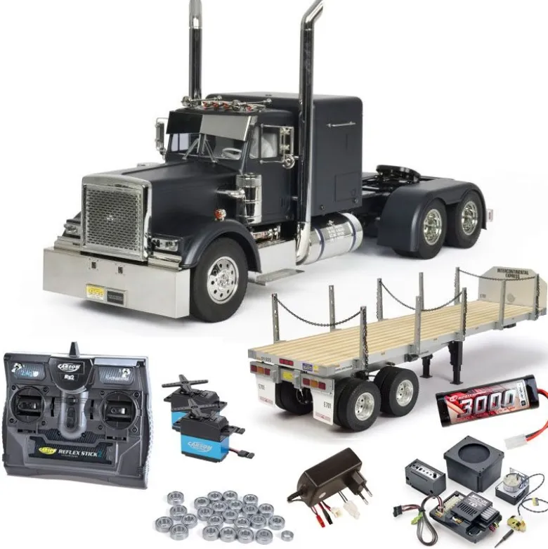 Tamiya 300056356SET3Grand Hauler schwarz matt 1:14 Set mit MFC, Flachbett, Lager mit carbon-Look Funke