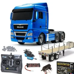 Tamiya 56370SET3MAN TGX 26.540 3-Achs 6x4 Hellblau Metallic 1:14 RC Bausatz Set mit MFC-03, Flachbett, Lager, Carbon-Look Funke