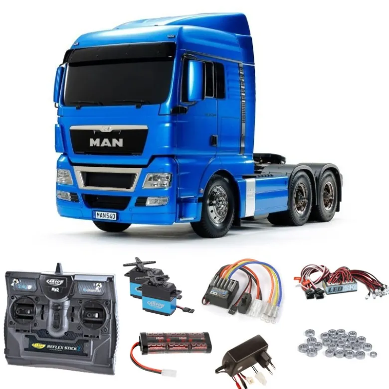 Tamiya 56370SET2MAN TGX 26.540 3-Achs 6x4 Hellblau Metallic 1:14 RC Bausatz Komplettset + LED-Lichtset, Kugellager, Carbon-Look Funke