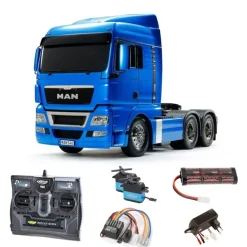 Tamiya 56370SETMAN TGX 26.540 3-Achs 6x4 Hellblau Metallic 1:14 Komplettset mit Carbon-Look Steuerung