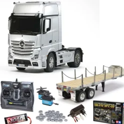 Tamiya 56335SET3Mercedes Benz Actros 1851 komplett, MFC-03, Flachbett, Lager mit Carbon-Look Steuerung