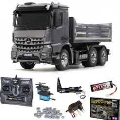 Tamiya 56357SET2Mercedes Benz Arocs 3348 Hinterkipper Set mit Spindelantrieb MFC, Carbon.Look Funke, Spindelantrieb, Servos, Akku+Lader