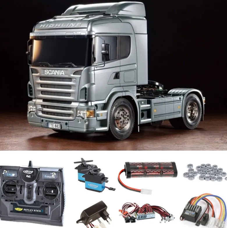 Tamiya 56364SET2Scania R470 Silber Edition 1:14 Komplettset +LED, Kugellager mit Carbon-Look Funke