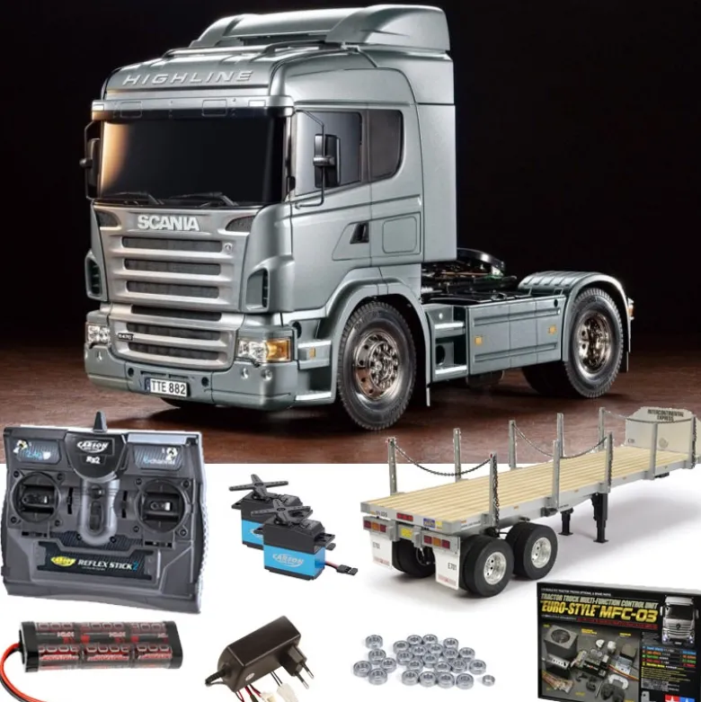 Tamiya 56364SET3Scania R470 Silber 1:14 Set + MFC-03, Flachbett, Kugellager mit Carbon-Look Funke