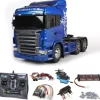Tamiya 56327SET2Scania R620 6x4 Highline Blue Edition Komplett + LED, Lager mit Carbon-Look Steuerung