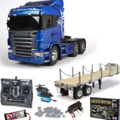 Tamiya 56327SET3Scania R620 6x4 Highline Blue inkl. MFC-03, Flachbett, Lager mit carbon-Look Steuerung