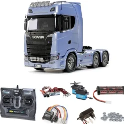 Tamiya 56368SET2Scania 770 S V8 6x4 1/14 Truck Bausatz Set + LED & Lager mit Carbon-Look Funke