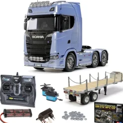 Tamiya 56368SET3Scania 770 S V8 6x4 1/14 Truck Komplettset MFC-03, Flachbett mit Carbon-Look Funke