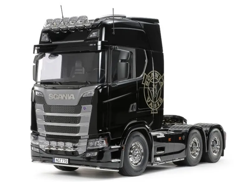 Tamiya 56368SET3Scania 770 S V8 6x4 1/14 Truck Komplettset MFC-03, Flachbett mit Carbon-Look Funke
