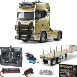 Tamiya 56379SET3Scania 770 S 4x2 Truck Bausatz, 1:14 Komplettset mit MFC-03, Flachbett, Lager, Carbon-Look Funke