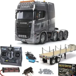 Tamiya 56371SET3Scania 8x4/4 4-Achs Truck 1:14 Bausatz Set MFC-03, Flachbett mit Carbon-Look Funke