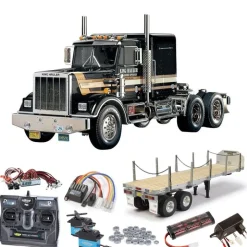Tamiya 56336SETTRKing Hauler Black Edition komplett inkl. Flachbett,LED,Lager mit Carbon-Look Steuerung