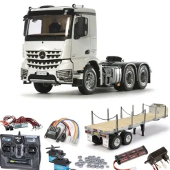 Tamiya 56352SETTRMercedes Benz Arocs 3363 6x4 ClassicSpace 1:14 Komplettset Flachbett-Auflieger, LED-Lichtset, Lager, Carbon-Look Funke