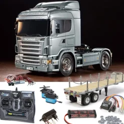 Tamiya 56364SETTRScania R470 Highline Silber komplett + Flachbett, LED, Lager mit Carbon-Look Funke