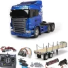 Tamiya 56327SETTRScania R620 6x4 Highline Blue komplett, Flachbett, LED,Lager mit Carbon-Look Steuerung