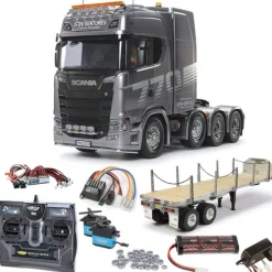 Tamiya 56371SETTRScania 8x4/4 4-Achs Truck 1:14 Bausatz Set + Flachbett, LED mit Carbon-Look Funke