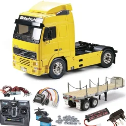 Tamiya 56312SETTRVolvo FH12 Globetrotter 420 komplett + Flachbett, LED,Lager mit Carbon-Look Steuerung