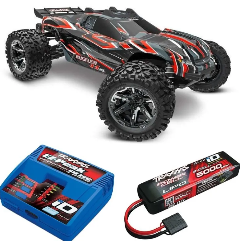 Traxxas 67376-4REDSET1Rustler 4x4 VXL HD 1:10 Brushless Stadium-Truck RTR, rot inkl. Traxxas 3S 5000 Lipo-Akku & EZ-Peak Ladegerät